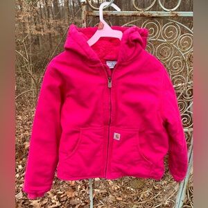 Carhartt Girls Sz 7-8 Pink Hooded Zippered Duck Canvas Sherpa Lined Winter Coat
